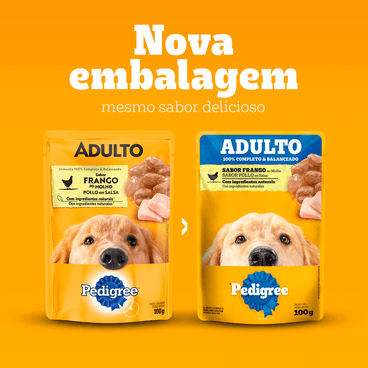 Troca de Embalagem da Ração Úmida Pedigree Sachê Cães Adultos Frango ao Molho