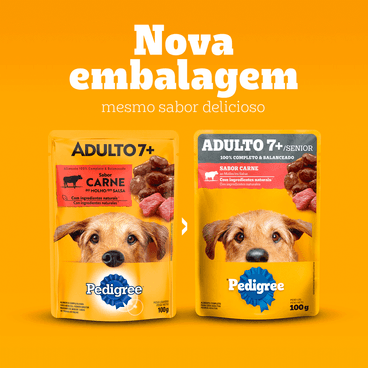Troca de Embalagem da Ração Úmida Pedigree Sachê Cães Adultos Sênior 7+ Anos Carne ao Molho