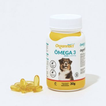 Frasco e Capsulas do Ômega 3 Dog 1000 mg Organnact
