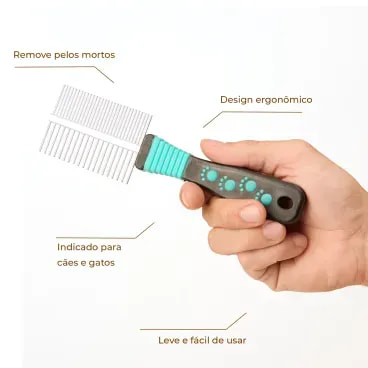 Pente-Duplo-para-Caes-e-Gatos-MyHug-Unico-foto-do-produto-nas-mao-com-especificacoes
