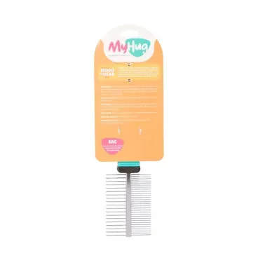 Pente-Duplo-para-Caes-e-Gatos-MyHug-Unico-foto-da-parte-de-tras-do-produto-na-embalagem