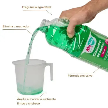 Eliminador-de-Odores-Herbal-MyHug-2-litros-foto-do-produto-na-mao-sendo-usado-e-especificacoes