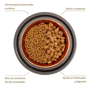 Racao-Umida-Joy-Caes-Filhotes-Frango-ao-Molho-100g-foto-da-racao-umida-no-pote-fazendo-um-comparativo-com-a-racao-comum-e-especificacoes-
