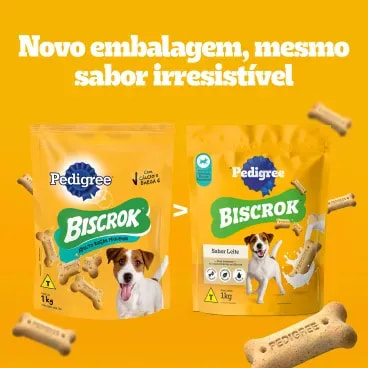 Biscoito-Pedigree-Biscrok-para-Caes-Adultos-Racas-Pequenas-Leite-150g-foto-da-embalagem-antiga-e-nova
