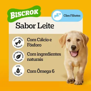 Biscoito-Pedigree-Biscrok-para-Caes-Filhotes-Leite-300g-foto-com-especificacoes-de-sabor-e-beneficios
