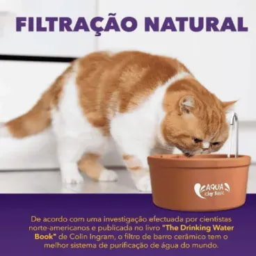 Fonte-de-Ceramica-Aqua-Clay-Basic-Amicus-25L-bivolt-foto-de-gato-bebendo-agua-e-texto-explicativo-sobre-o-filtro-de-barro