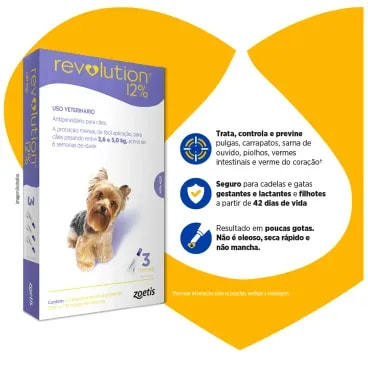 2-Antipulgas Revolution 12- para Caes de 2,6kg a 5kg 3 pipetas