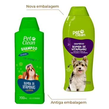 Shampoo-para-Caes-e-Gatos-Bomba-de-Vitaminas-Pet-Clean-700-ml-foto-da-embalagem-antiga-e-nova