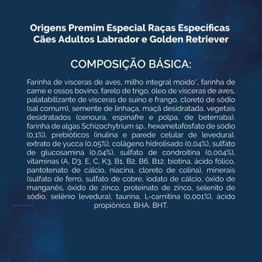 Ração Origens Cães Adultos Raças Específicas Labrador e Golden Composição Básica