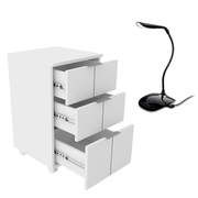 Combo Office Gaveteiro 03 Gavetas Com Rodízios Branco Fosco e Luminária LED Multilaser USB 3 Níveis De Luz Preta